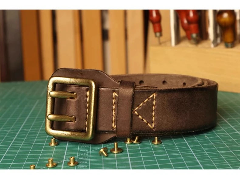 Original Handmade Double-needle Buckle Men's Belt Washed Water Made Old Macho Jeans Belt Genuine Leather y2k Army Tactical Belt
