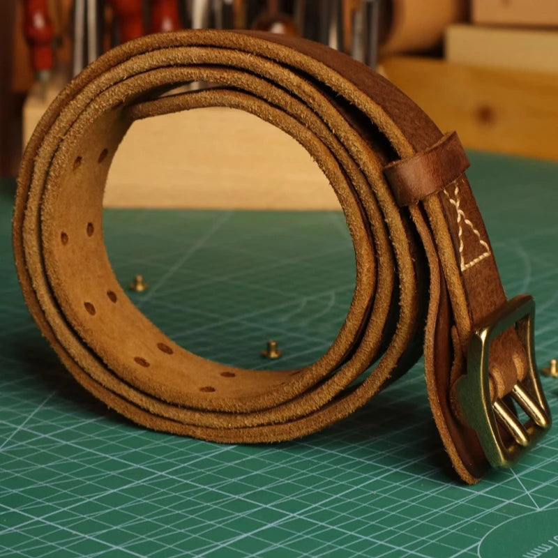 Original Handmade Double-needle Buckle Men's Belt Washed Water Made Old Macho Jeans Belt Genuine Leather y2k Army Tactical Belt