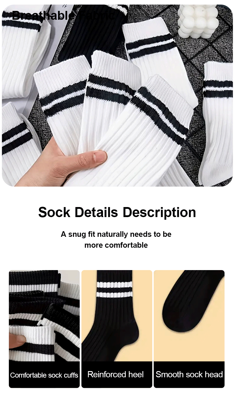 6/10/15/20 Pairs Men Socks Spring Autumn Casual Black White Striped Socks Breathable Mid Tube Sock High-quality Round Neck Socks