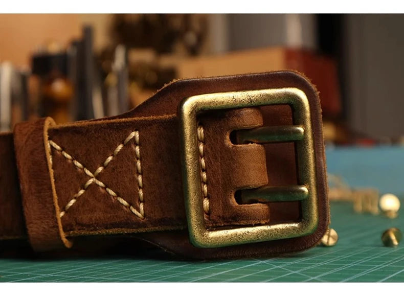 Original Handmade Double-needle Buckle Men's Belt Washed Water Made Old Macho Jeans Belt Genuine Leather y2k Army Tactical Belt