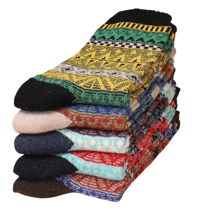 5pairs Unisex Ethnic Style Vintage Thick Wool Warm Crew Men Socks Soft Ultra-Comfortable High Quality Breathable Women's Sock