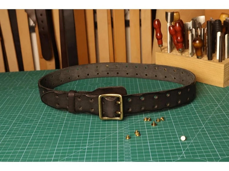 Original Handmade Double-needle Buckle Men's Belt Washed Water Made Old Macho Jeans Belt Genuine Leather y2k Army Tactical Belt