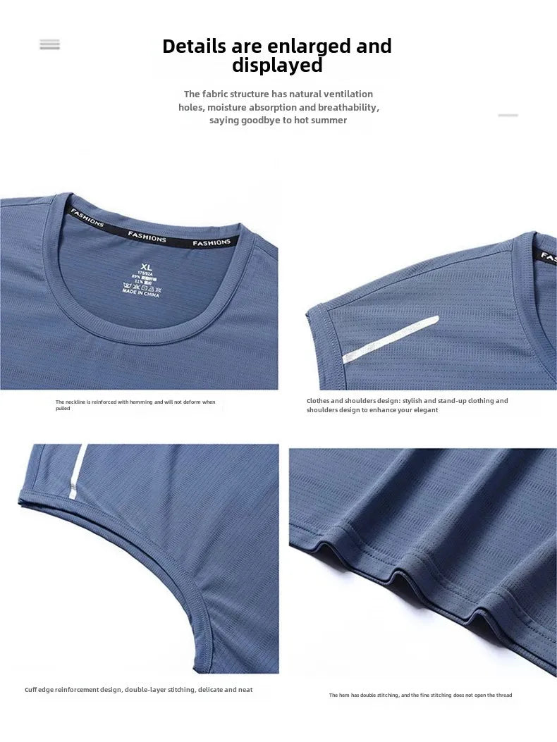 Men's Ice Silk Vest Round Neck Mesh Breathable Quick Dry Sports Wide Shoulder Vest Outerwear Sleeveless Summer Fashion