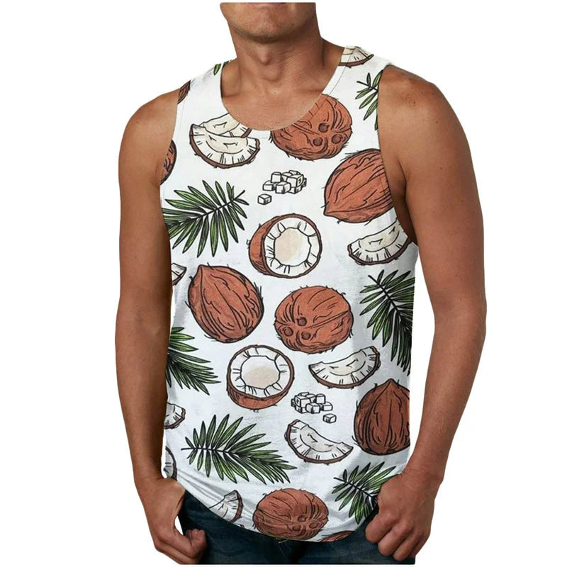 2024 New Summer Fashion Men's Sleeveless T-Shirt Classic Hawaiian Beach Coconut Print Men's Vest Extreme Sports Surf Vest