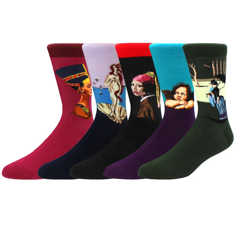5 Pairs Men Middle Tube Socks Fun Casual Business Socks Colorful Halloween Animal Vintage Happy Woman Cotton Socks