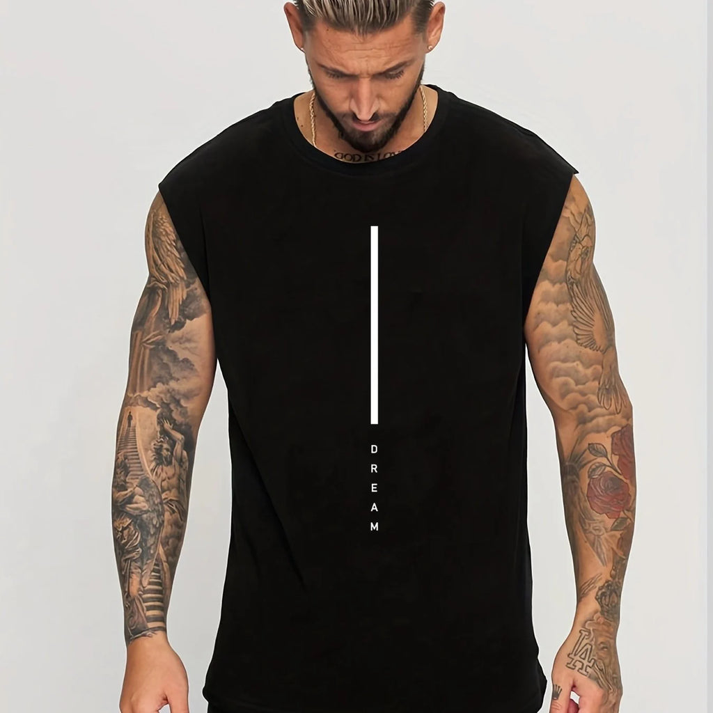 Men's Summer Leisure Sports Fitness Loose DREAM Letter Printed Comfortable Breathable Round Neck Sleeveless Tank Top