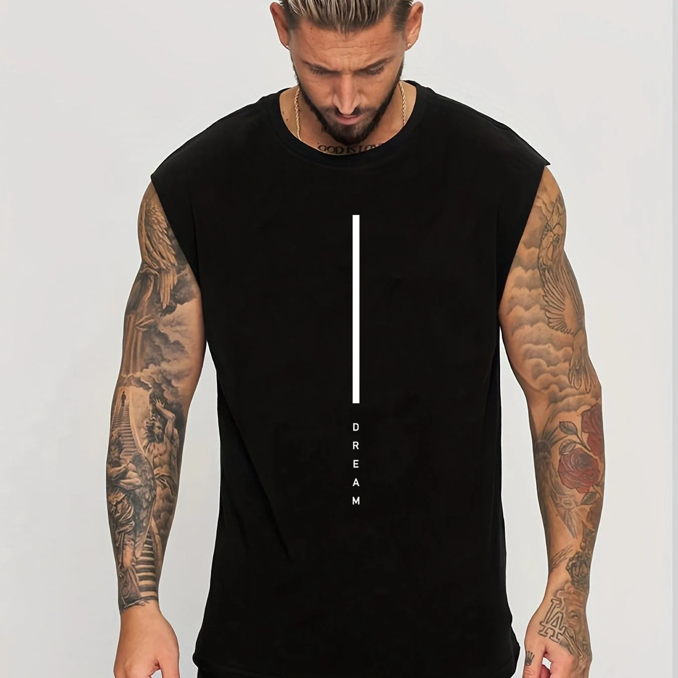 Men's Summer Leisure Sports Fitness Loose DREAM Letter Printed Comfortable Breathable Round Neck Sleeveless Tank Top