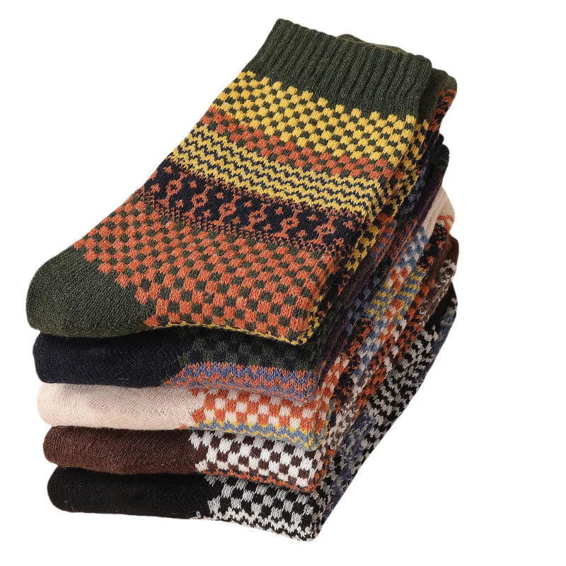 5pairs Unisex Ethnic Style Vintage Thick Wool Warm Crew Men Socks Soft Ultra-Comfortable High Quality Breathable Women's Sock
