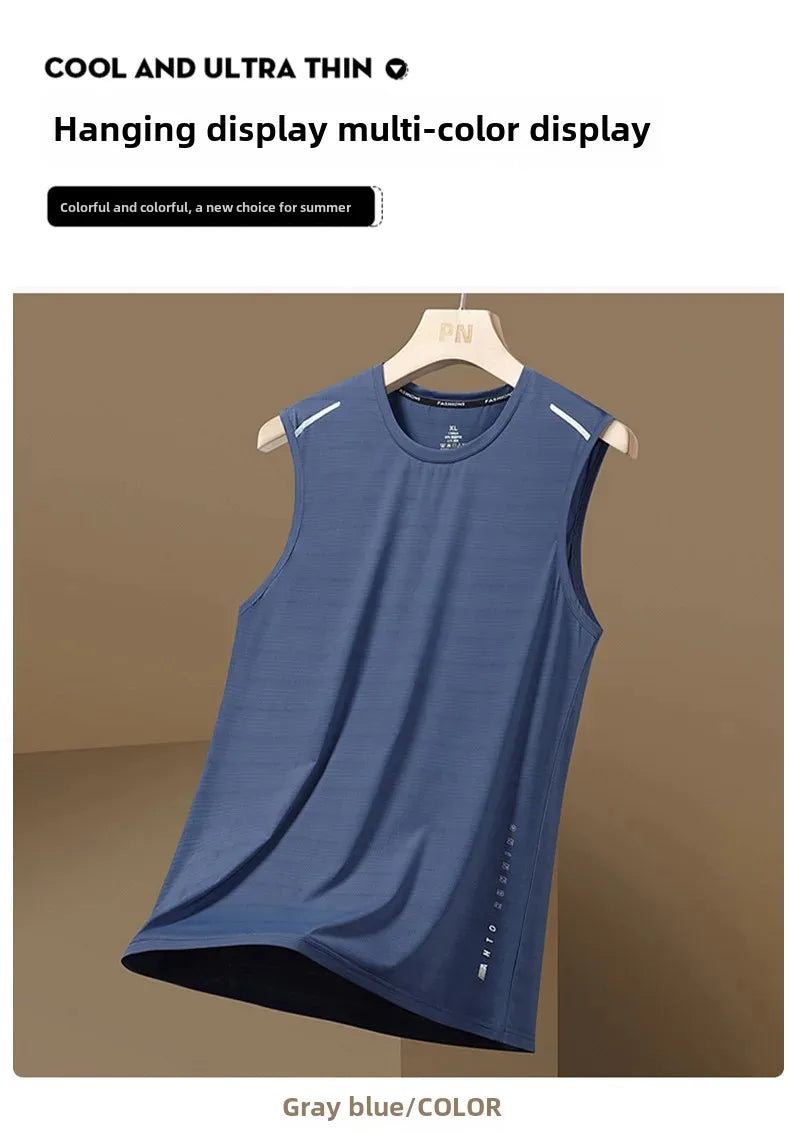 Men's Ice Silk Vest Round Neck Mesh Breathable Quick Dry Sports Wide Shoulder Vest Outerwear Sleeveless Summer Fashion