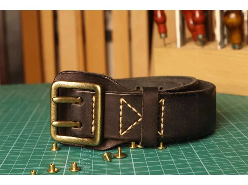 Original Handmade Double-needle Buckle Men's Belt Washed Water Made Old Macho Jeans Belt Genuine Leather y2k Army Tactical Belt
