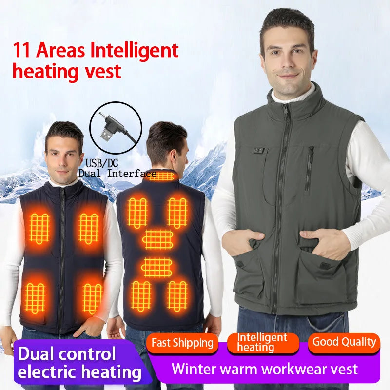 11 Areas Winter Men's Heating Vest Double Control Electric Warmth Outerwear Jacket Outdoor Anti-Cold Warm Camping Waistcoat