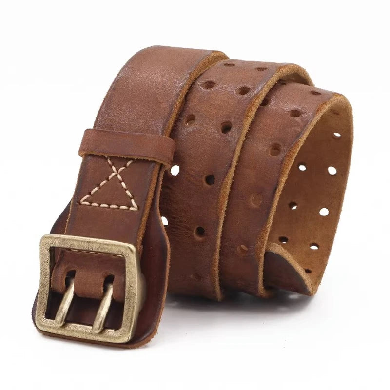 Original Handmade Double-needle Buckle Men's Belt Washed Water Made Old Macho Jeans Belt Genuine Leather y2k Army Tactical Belt
