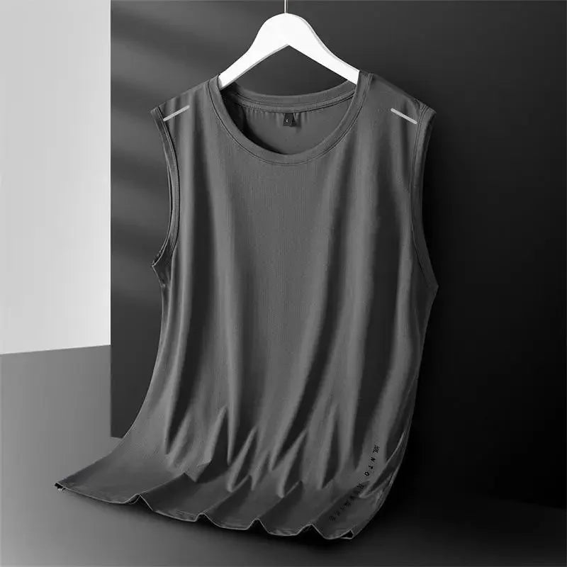 Men's Ice Silk Vest Round Neck Mesh Breathable Quick Dry Sports Wide Shoulder Vest Outerwear Sleeveless Summer Fashion
