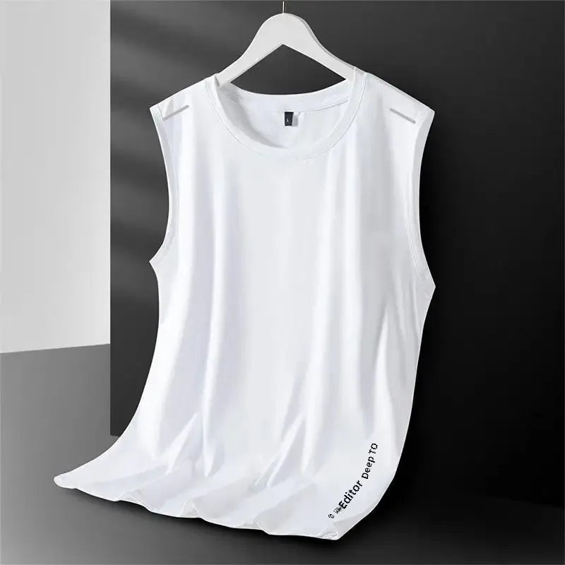 Men's Ice Silk Vest Round Neck Mesh Breathable Quick Dry Sports Wide Shoulder Vest Outerwear Sleeveless Summer Fashion