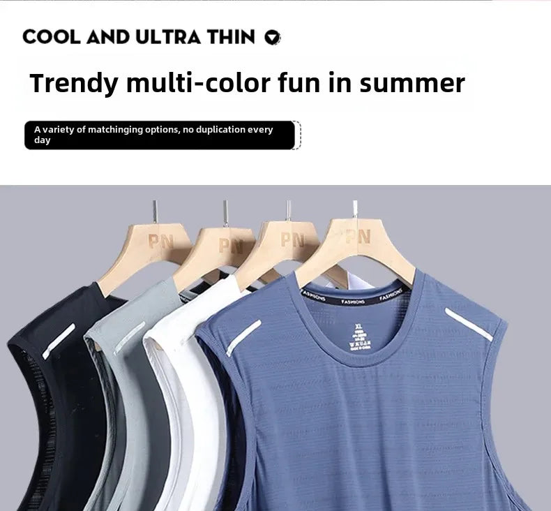 Men's Ice Silk Vest Round Neck Mesh Breathable Quick Dry Sports Wide Shoulder Vest Outerwear Sleeveless Summer Fashion