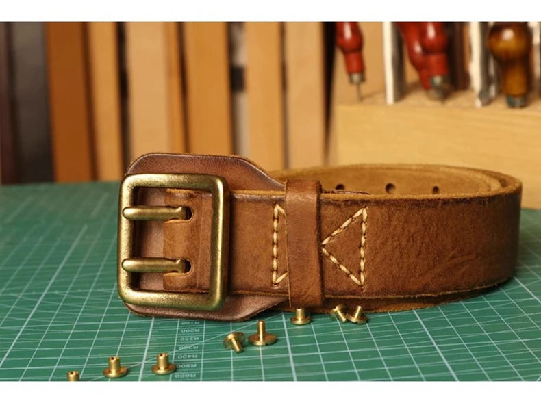 Original Handmade Double-needle Buckle Men's Belt Washed Water Made Old Macho Jeans Belt Genuine Leather y2k Army Tactical Belt