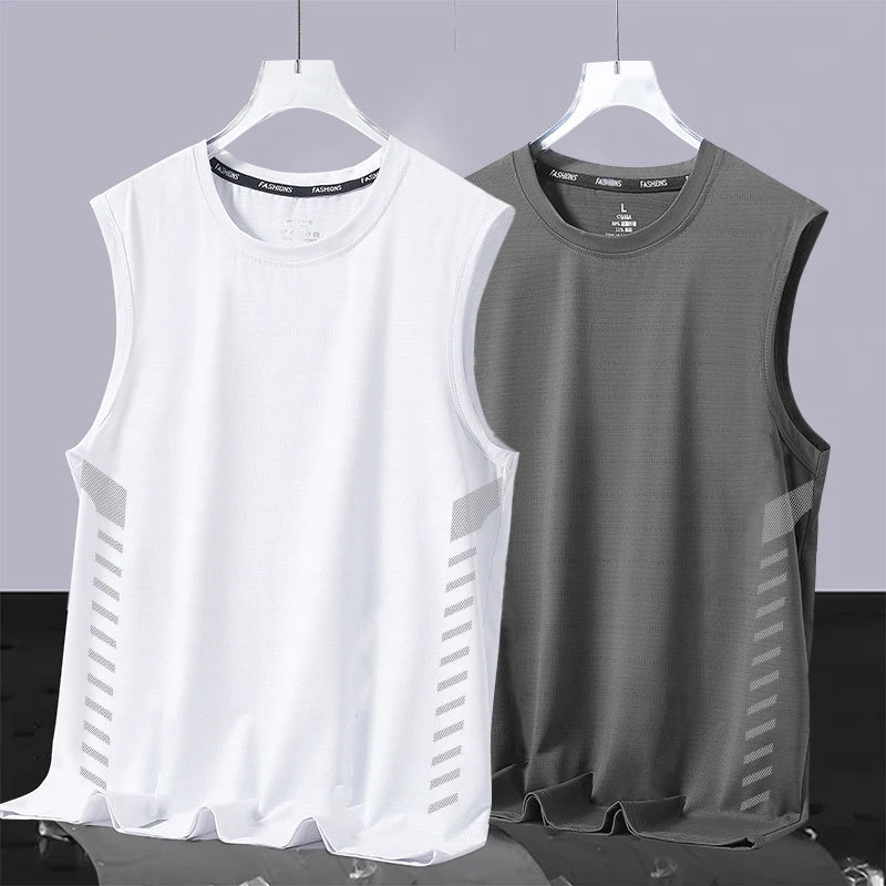 Men's Ice Silk Vest Summer Sport Fitn Thin Svel Training Top Qui Dry Trendy round Ne T-irt for Youth Daily Wear