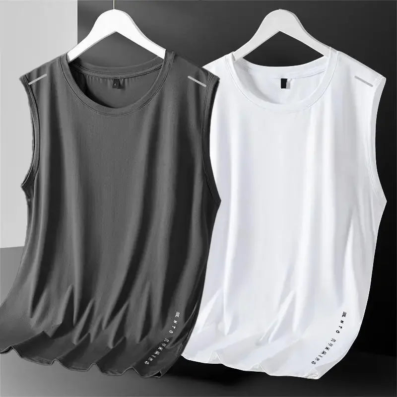 Men's Ice Silk Vest Round Neck Mesh Breathable Quick Dry Sports Wide Shoulder Vest Outerwear Sleeveless Summer Fashion